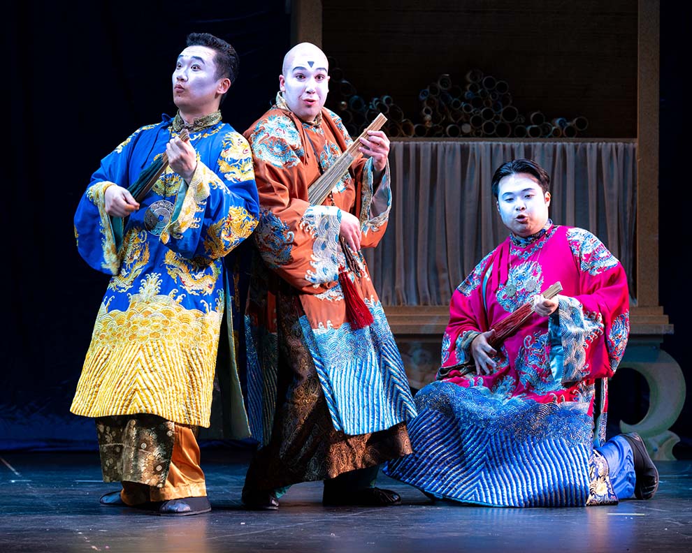 Zhengyi Bai as Pang, Alex Smith as Ping, and Daniel J. Lee as Pong in Turandot, photo by Andrew Schwartz