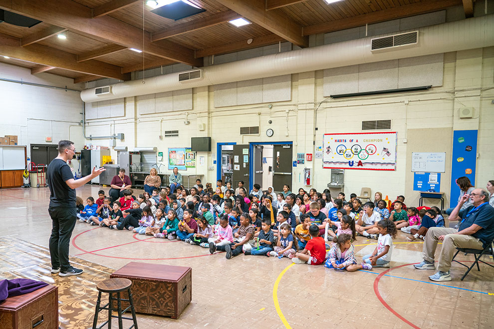 Director of Learning Dr. Neal Long before a school performance of The Haberdasher Prince, photo by Andrew Schwartz