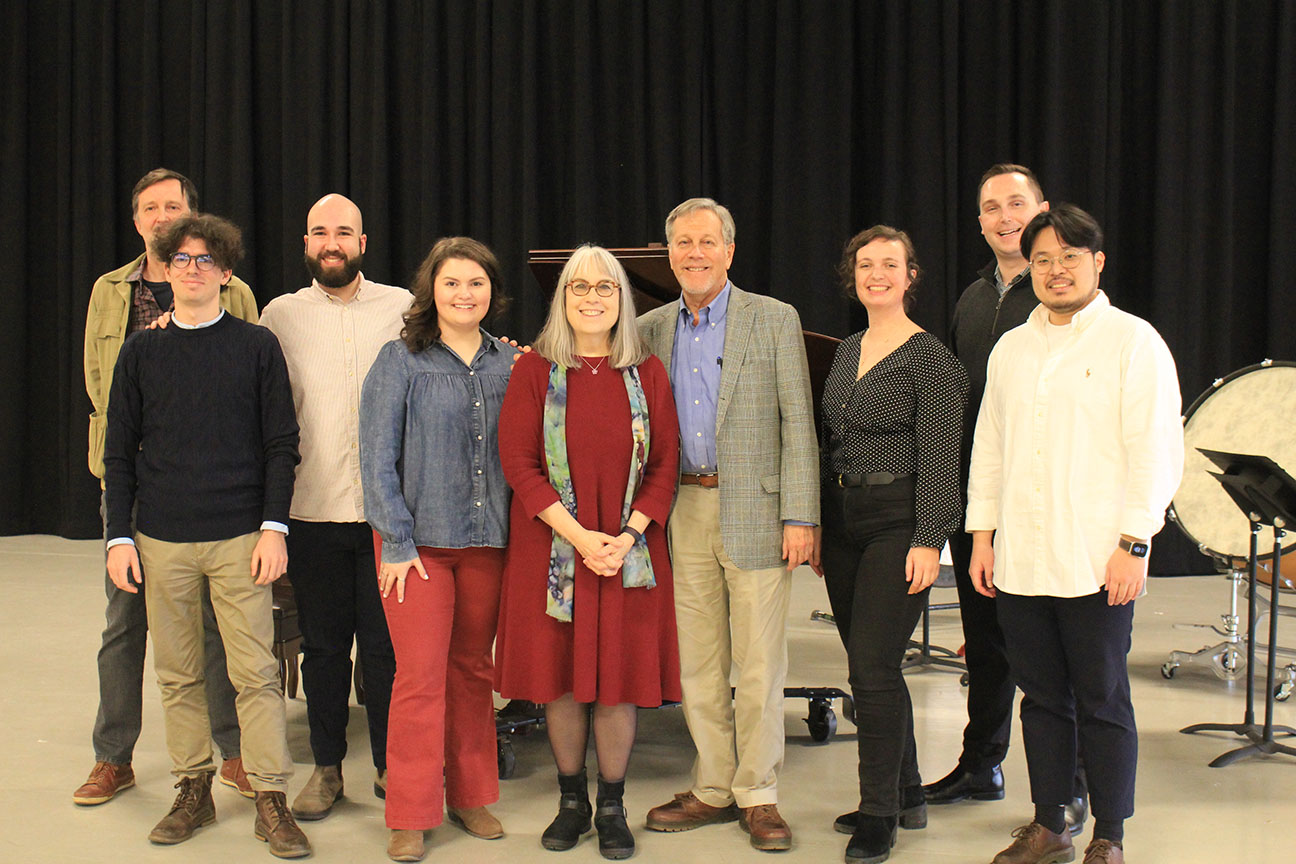 Lori Laitman and Dana Gioia posing with Lyric Opera Resident Artists, Director of Learning Neal Long, and Head of Music Staff Piotr Wiśniewski after masterclass