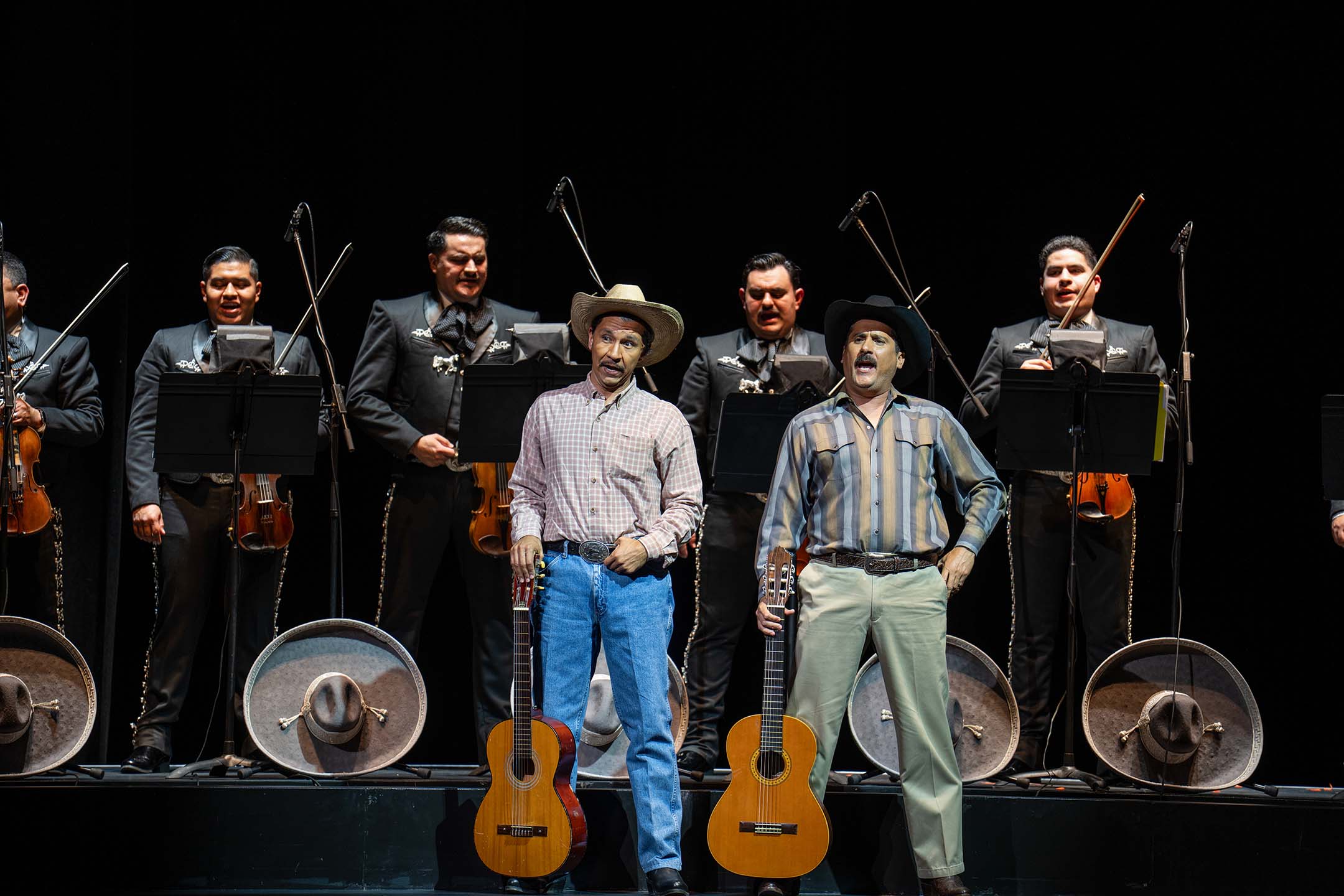 Octavio Moreno and Miguel de Aranda with Mariachi Los Camperos in Cruzar la Cara de la Luna, photo by Sarah Shatz
