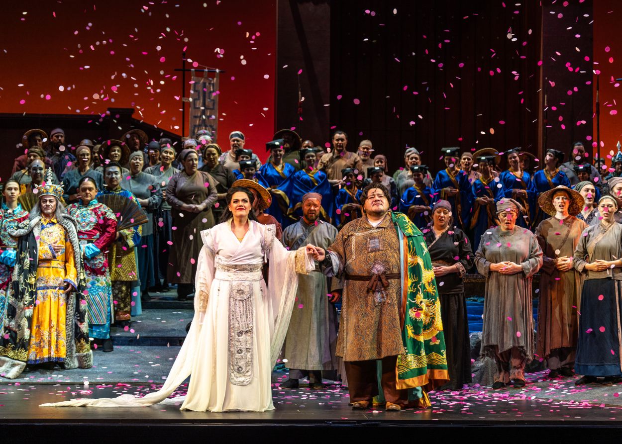 Cast taking a bow during the Student Dress Rehearsal for Turandot, photo by Andrew Schwartz