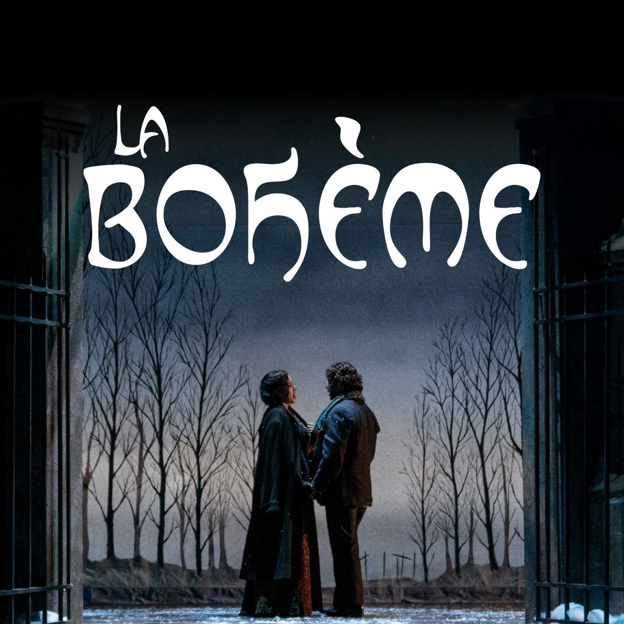 Two figures embracing sadly in the middle of an open gate